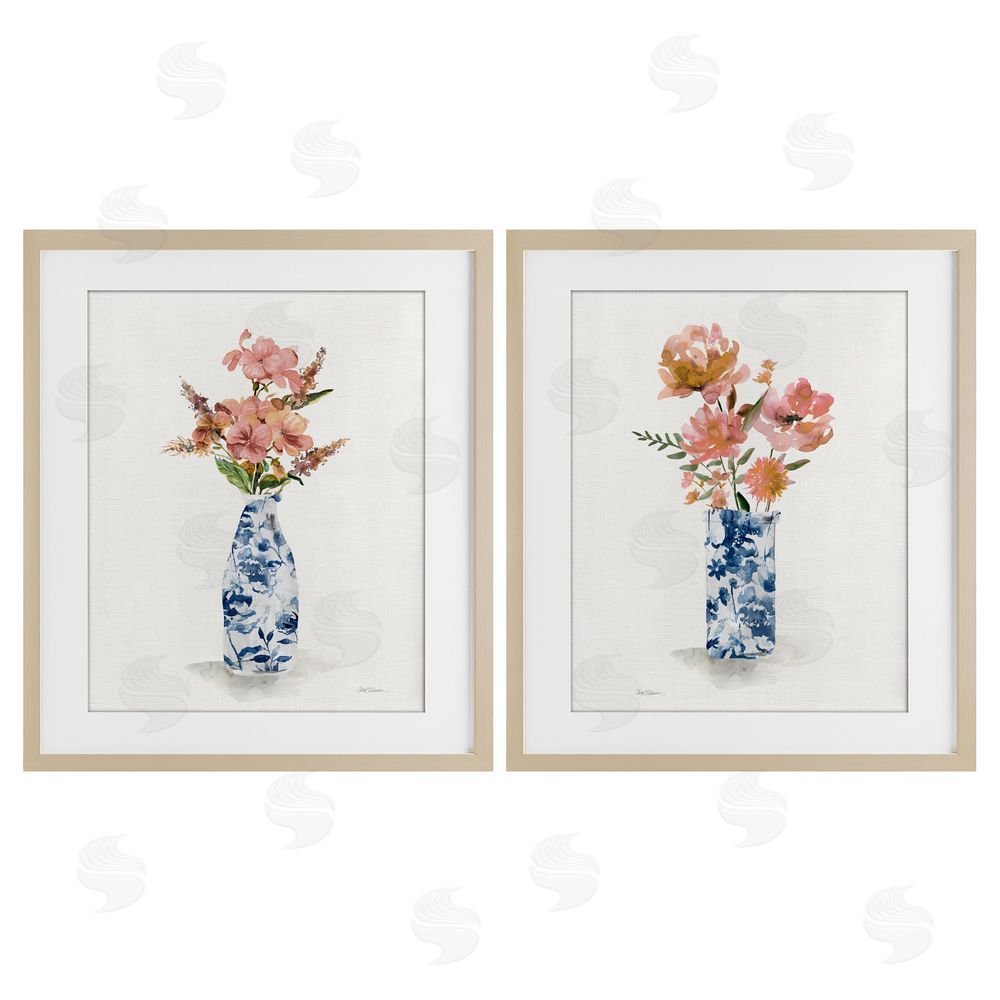 Carol Robinson Chinoiserie Florals Pink Bouquets Birch Framed Print Under Glass Set
