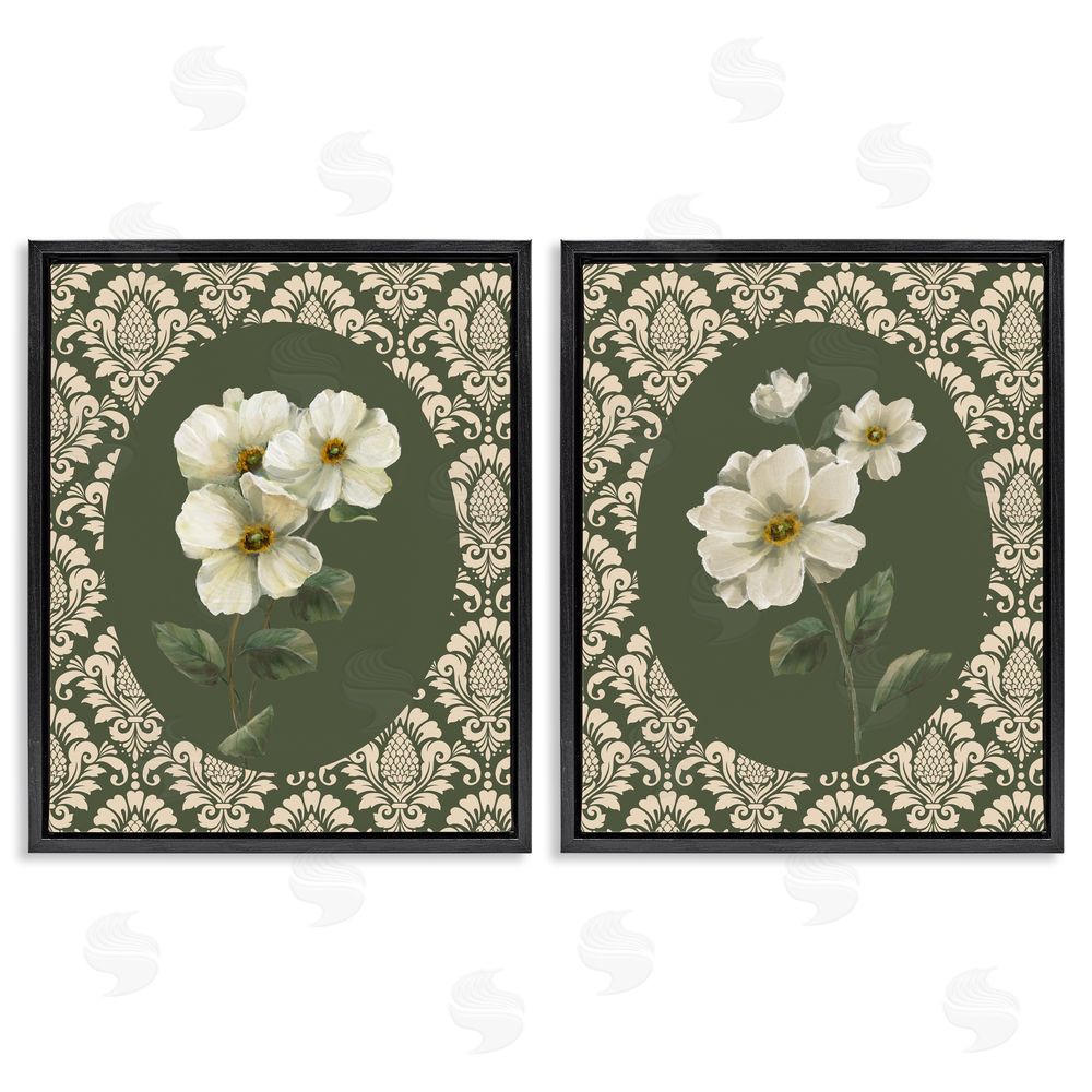Nan Fancy Lace White Florals Black Floating Frame Canvas Wall Art Set