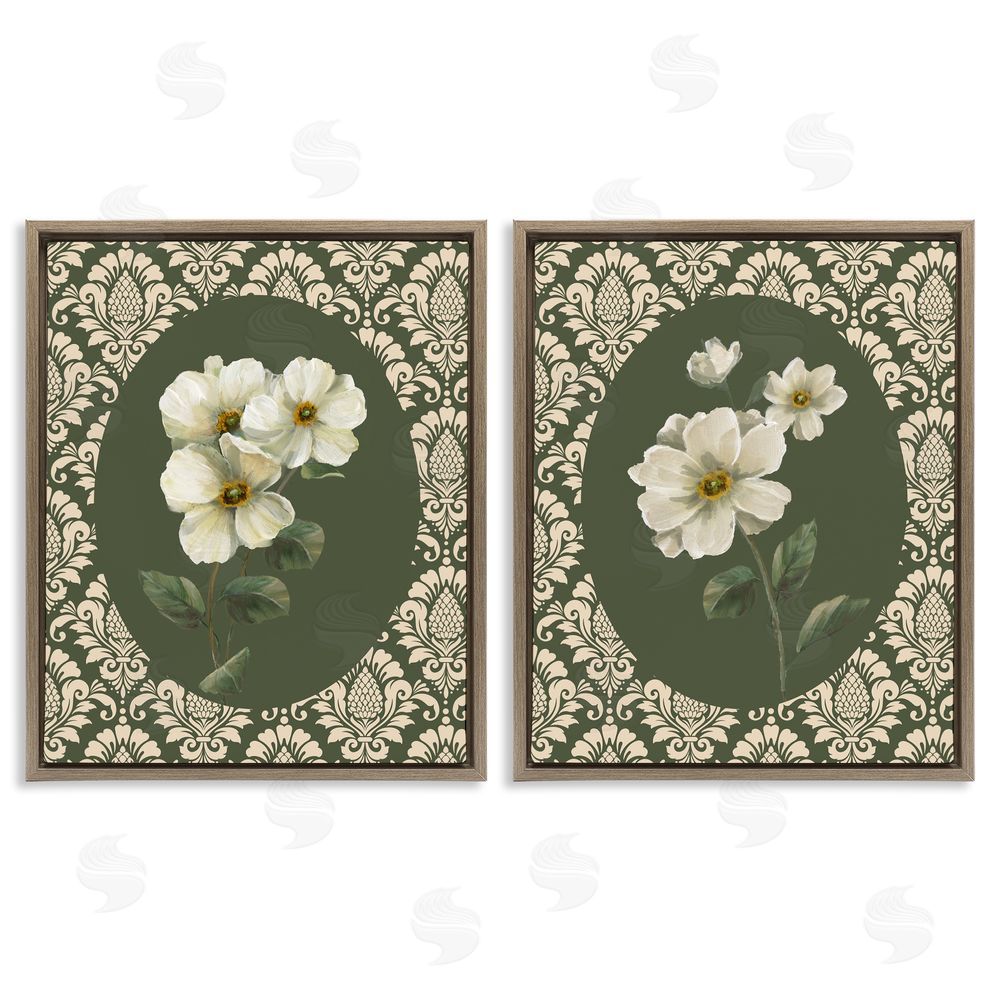 Nan Fancy Lace White Florals Brown Floating Frame Canvas Art Set