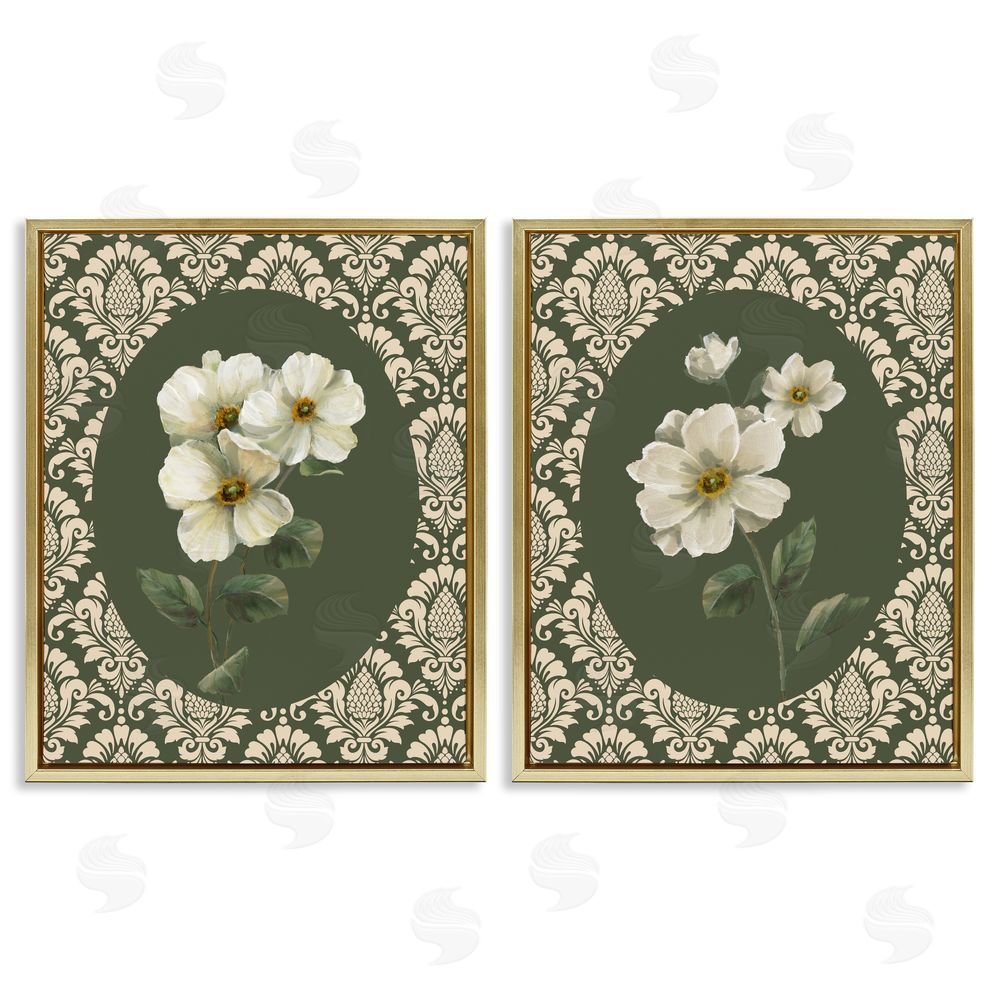 Nan Fancy Lace White Florals Gold Floating Frame Canvas Art Set