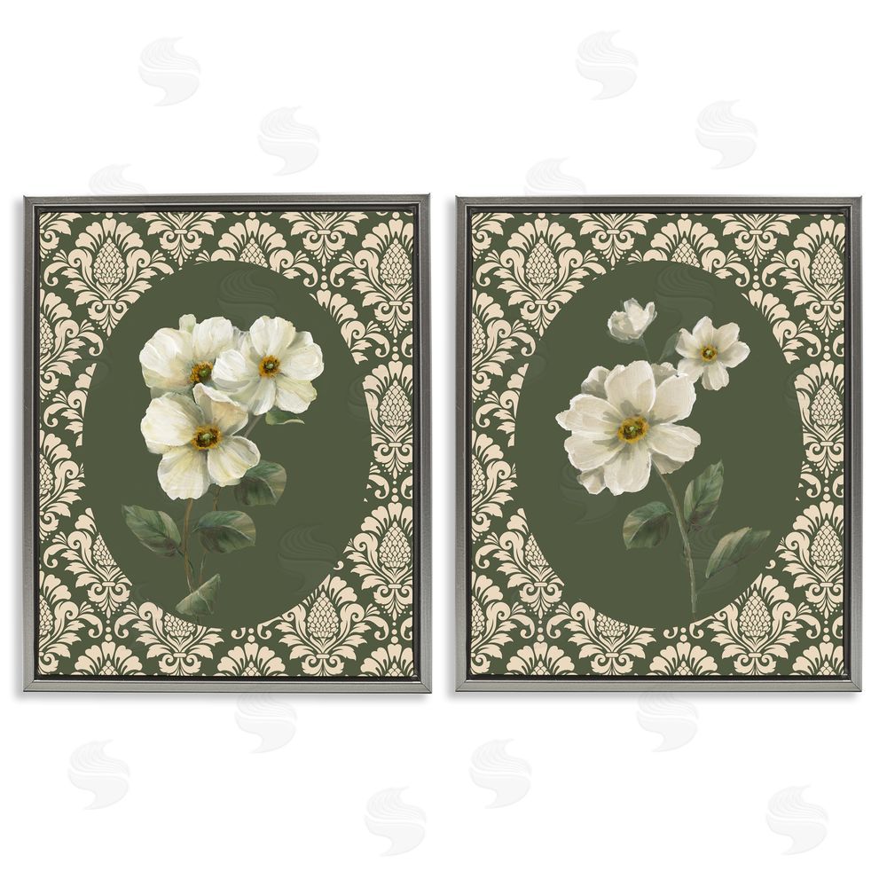 Nan Fancy Lace White Florals Gray Floating Frame Canvas Art Set
