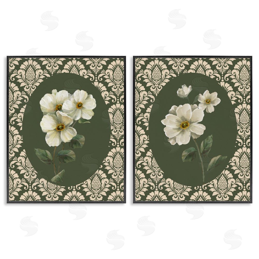Nan Fancy Lace White Florals Black Framed Giclee Art Set