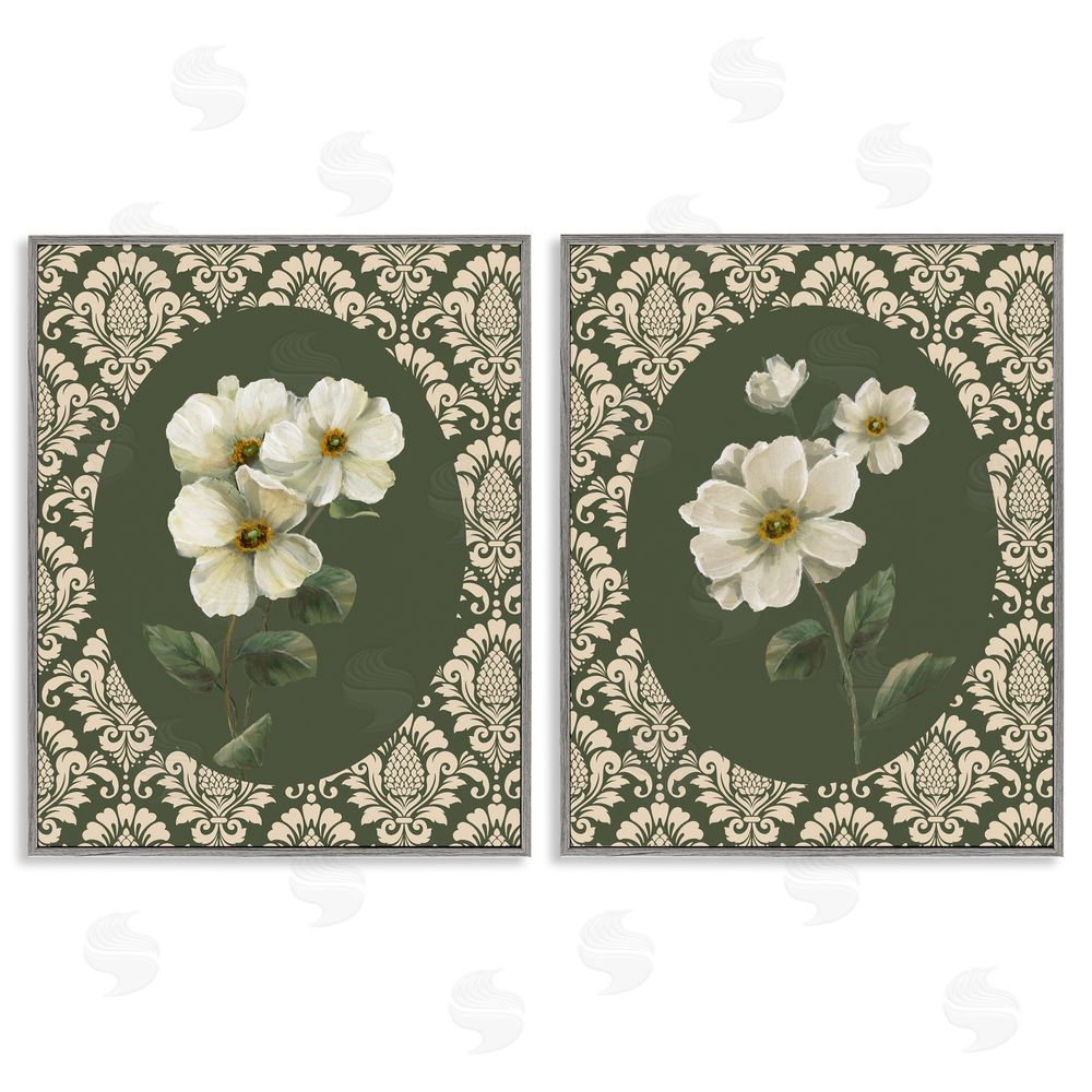 Nan Fancy Lace White Florals Gray Framed Giclee Art Set