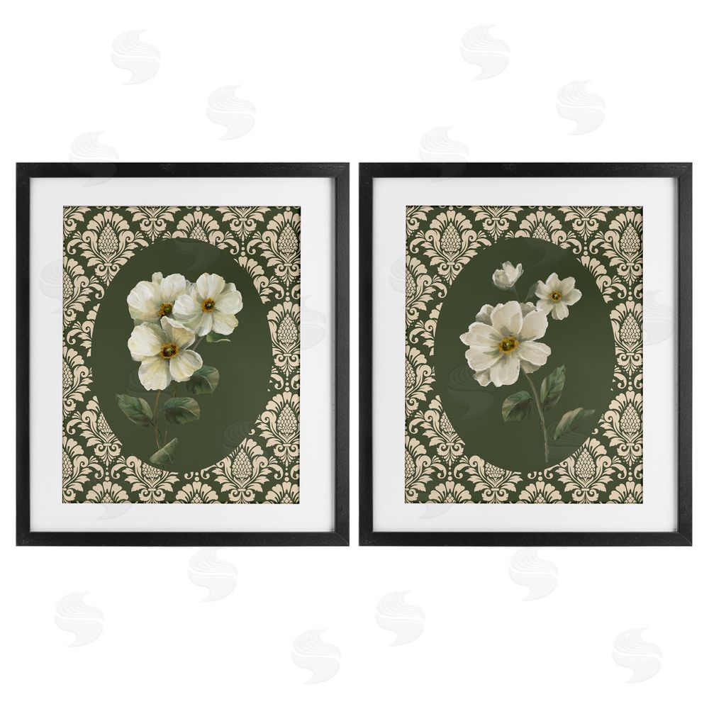Nan Fancy Lace White Florals Black Framed Print Under Glass Set
