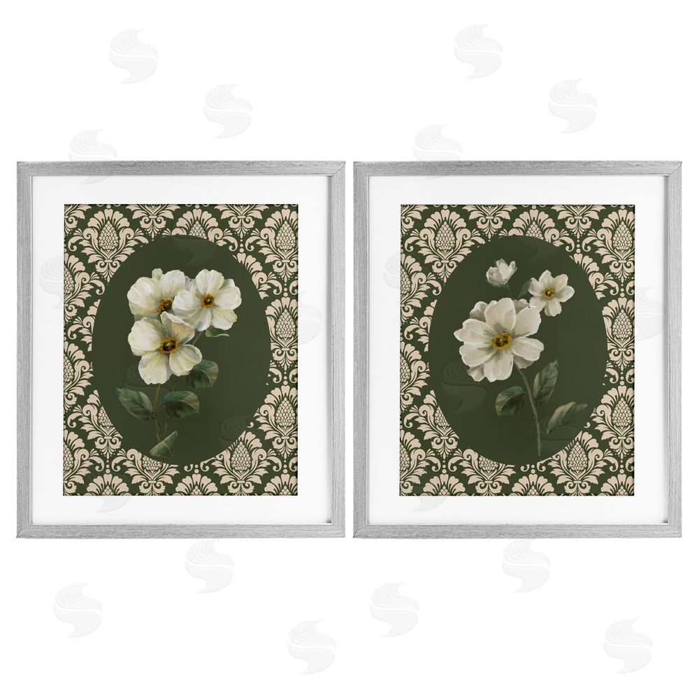 Nan Fancy Lace White Florals Gray Framed Print Under Glass Set
