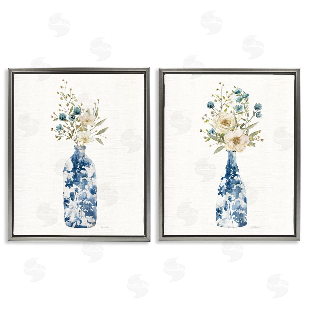 Carol Robinson Chinoiserie Blooms White Bouquets Gray Floating Frame Canvas Art Set