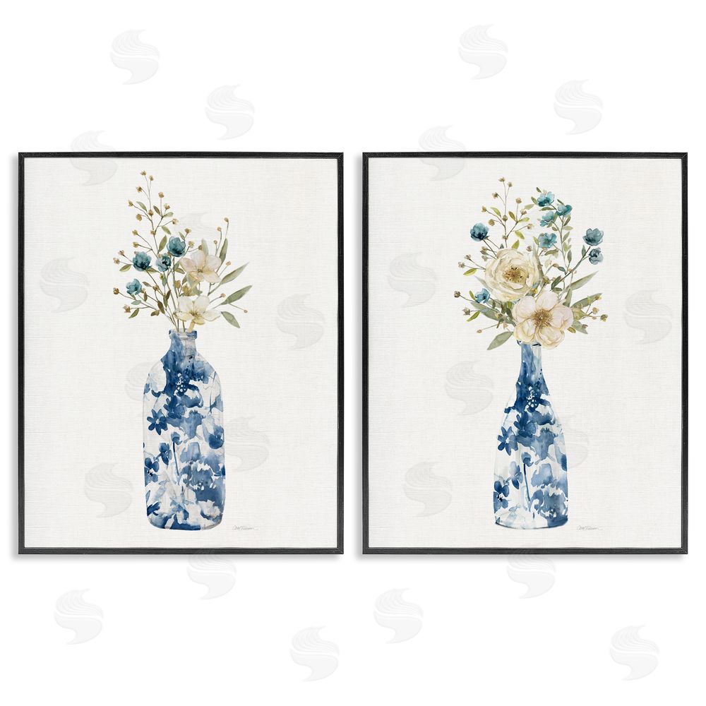 Carol Robinson Chinoiserie Blooms White Bouquets Black Framed Giclee Art Set