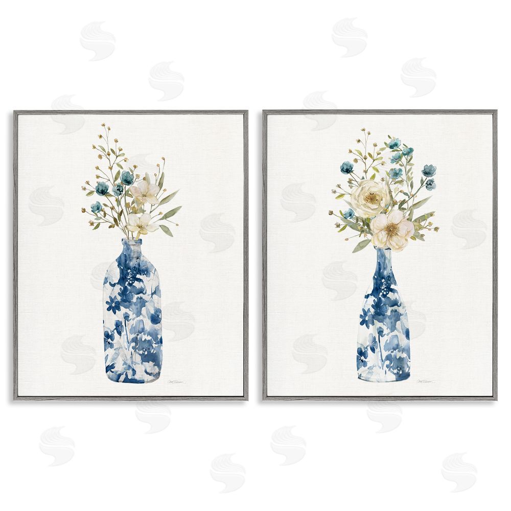 Carol Robinson Chinoiserie Blooms White Bouquets Gray Framed Giclee Art Set