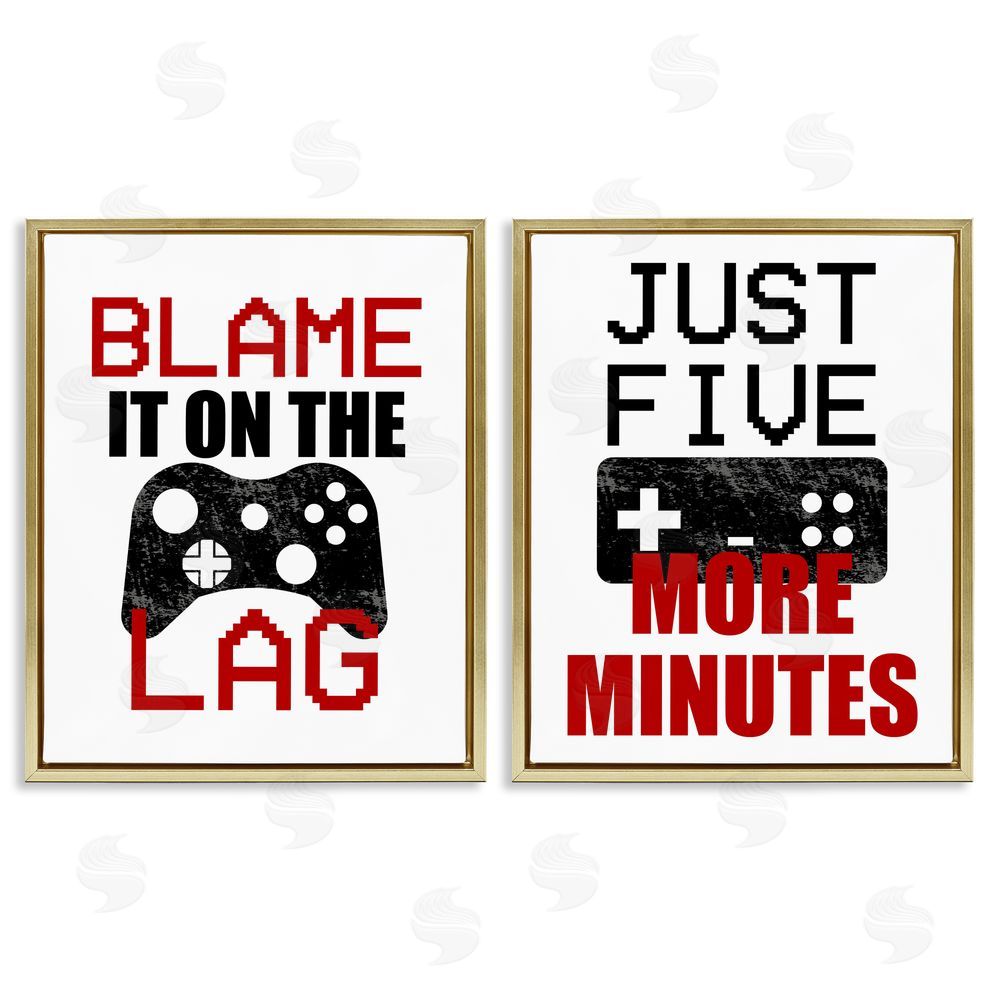 Kim Allen Funny Gamer Phrases Gold Floating Frame Canvas Wall Art Print