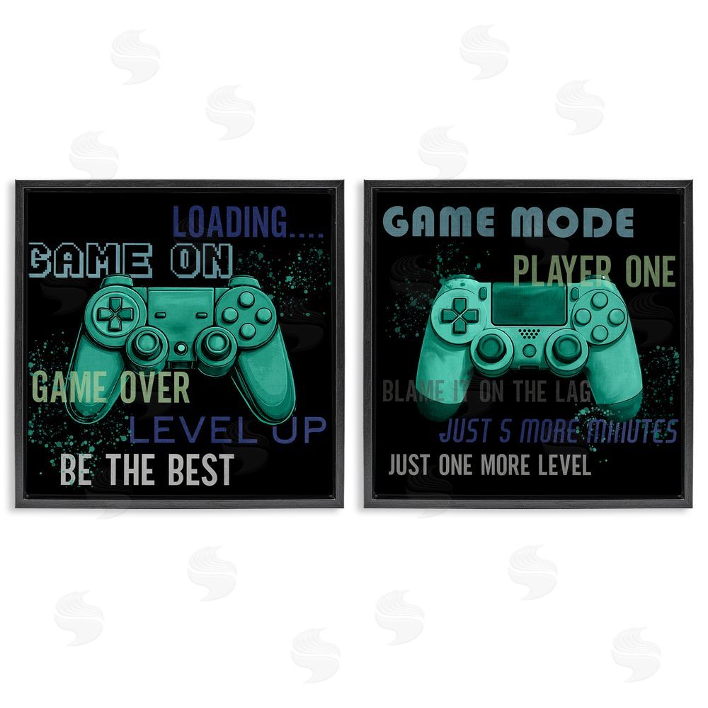 Kim Allen Retro Gaming Phrases Controllers Black Floating Frame Canvas Wall Art Print