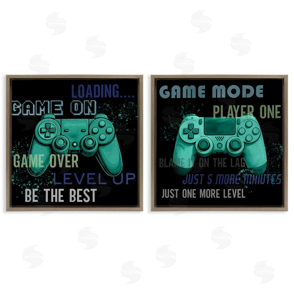 Kim Allen Retro Gaming Phrases Controllers Brown Floating Frame Canvas Wall Art Print