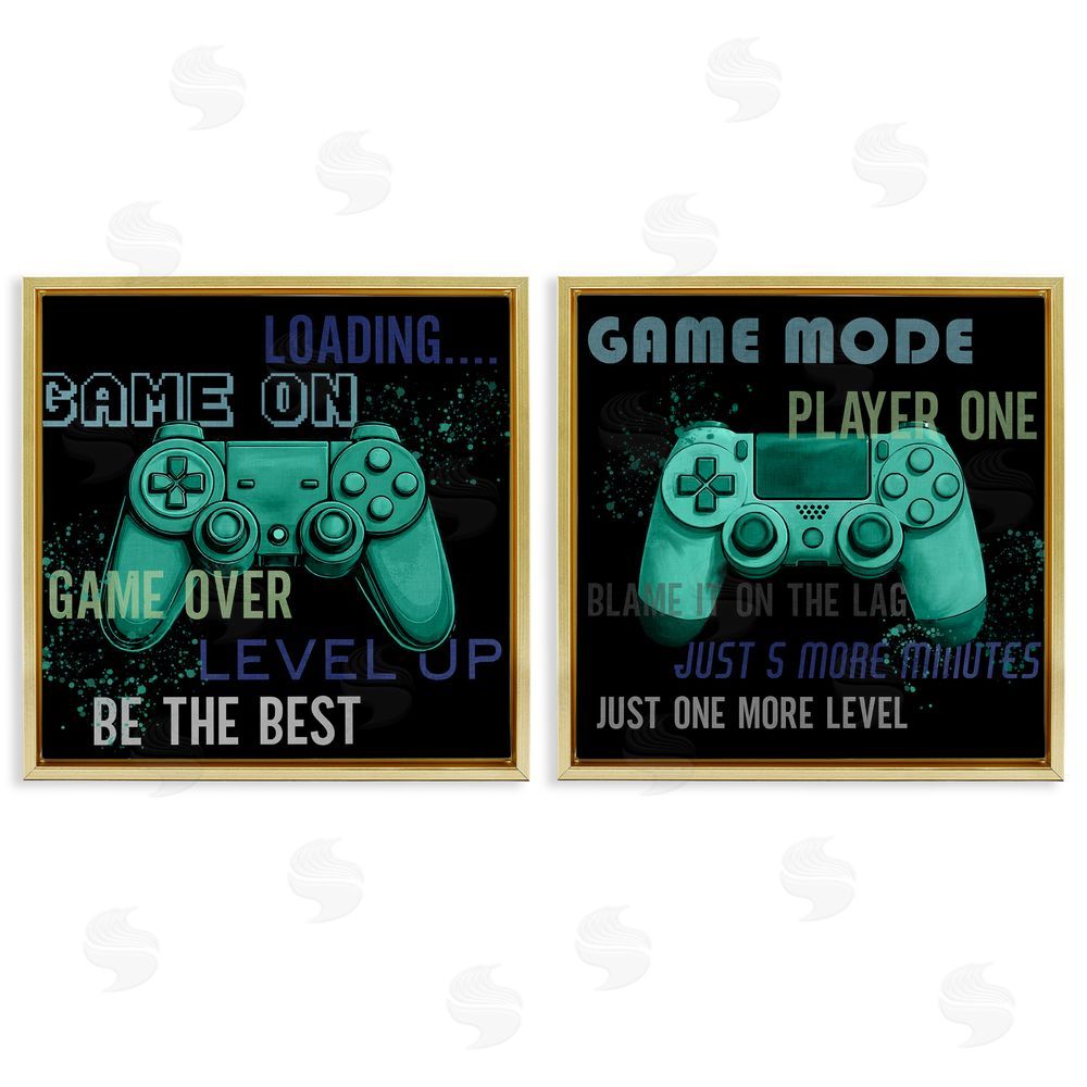 Kim Allen Retro Gaming Phrases Controllers Gold Floating Frame Canvas Wall Art Print