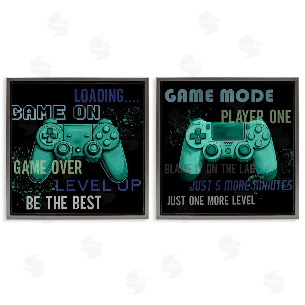 Kim Allen Retro Gaming Phrases Controllers Gray Floating Frame Canvas Wall Art Print