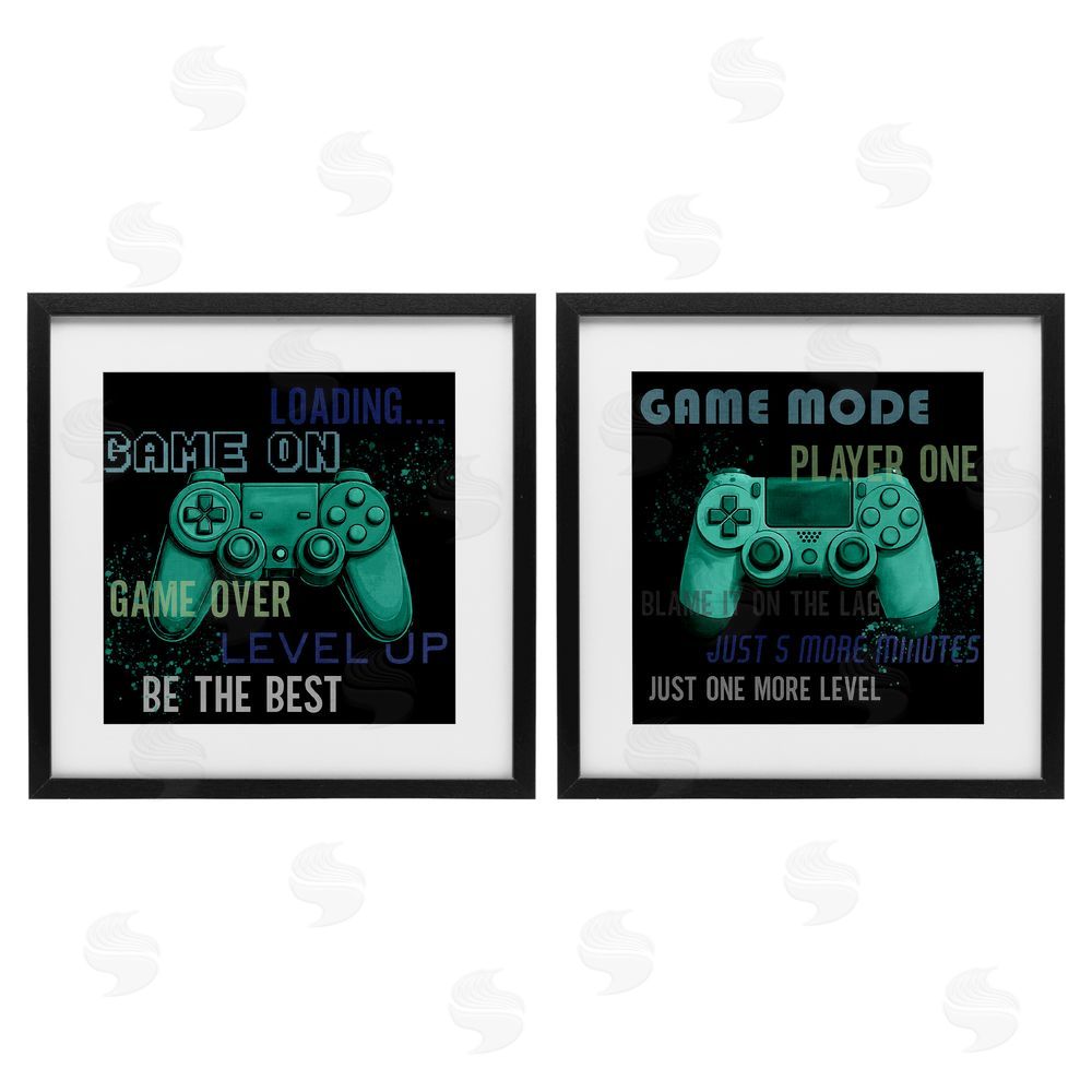 Kim Allen Retro Gaming Phrases Controllers Black Framed Print Under Glass with White Mat Wall Art
