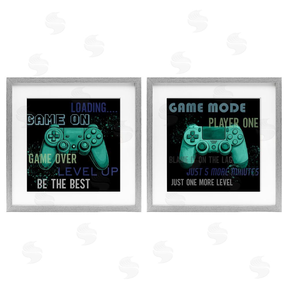 Kim Allen Retro Gaming Phrases Controllers Gray Framed Print Under Glass with White Mat Wall Art