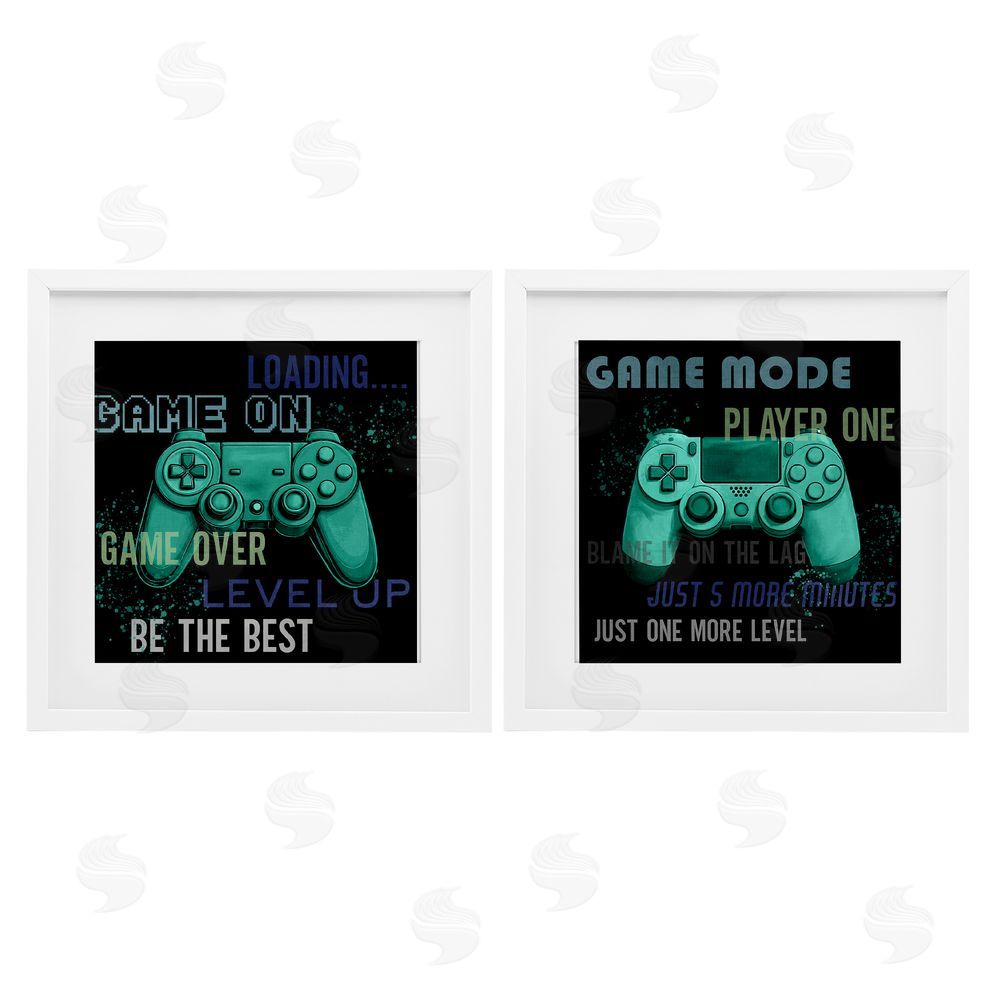 Kim Allen Retro Gaming Phrases Controllers White Framed Print Under Glass with Mat Wall Art