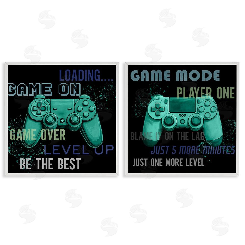 Kim Allen Retro Gaming Phrases Controllers White Framed Giclee Wall Art Print