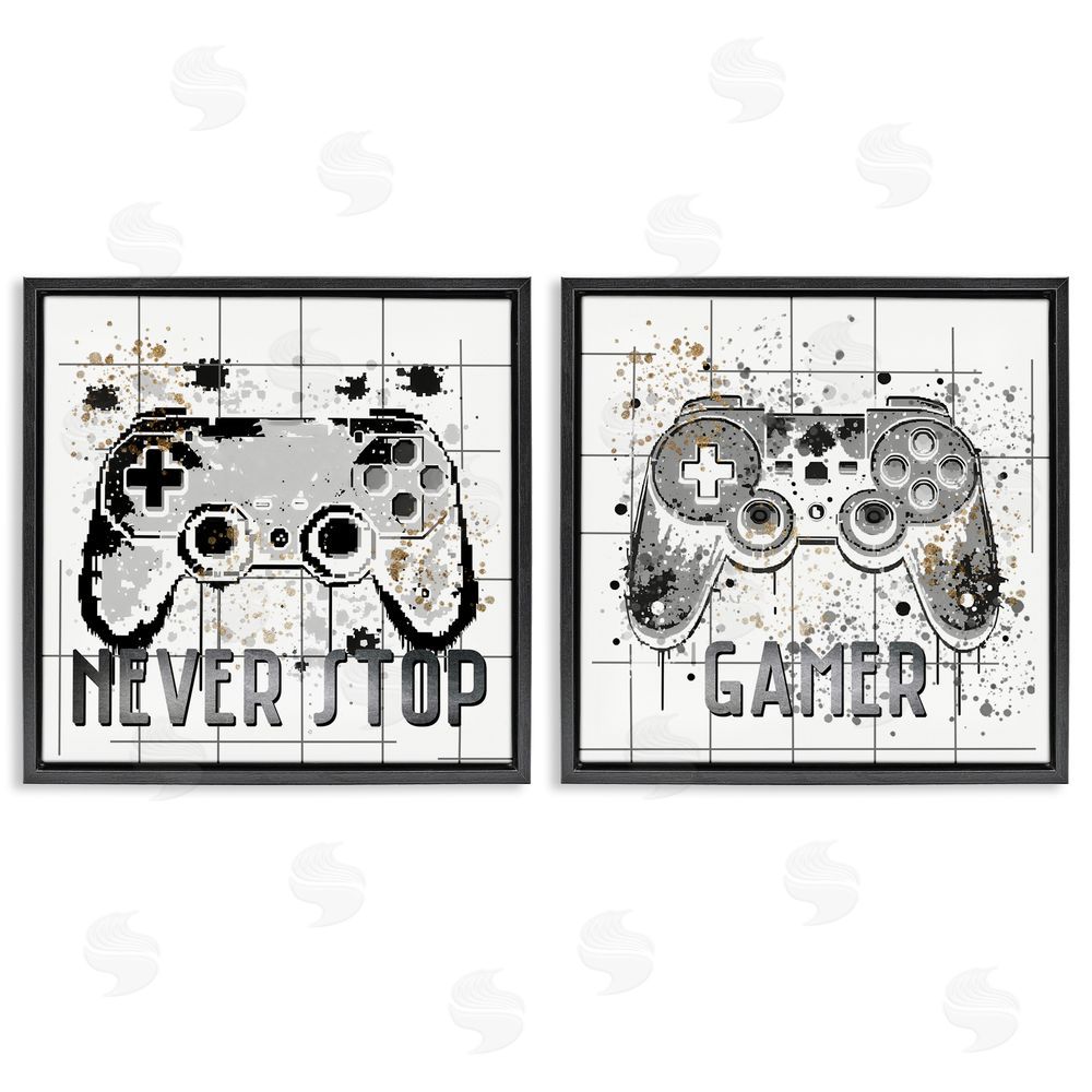 Kim Allen Gamer Words with Modern Pixels Black Floating Frame Canvas Wall Art Print