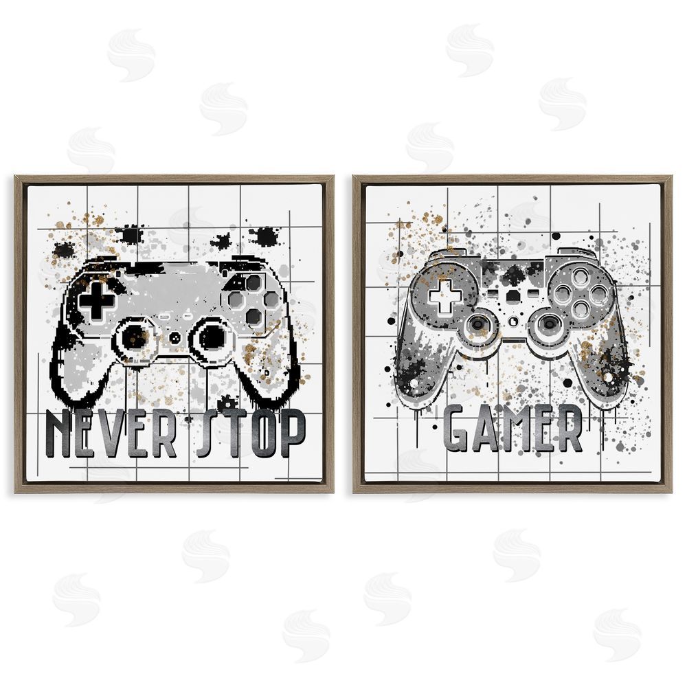 Kim Allen Gamer Words with Modern Pixels Brown Floating Frame Canvas Wall Art Print