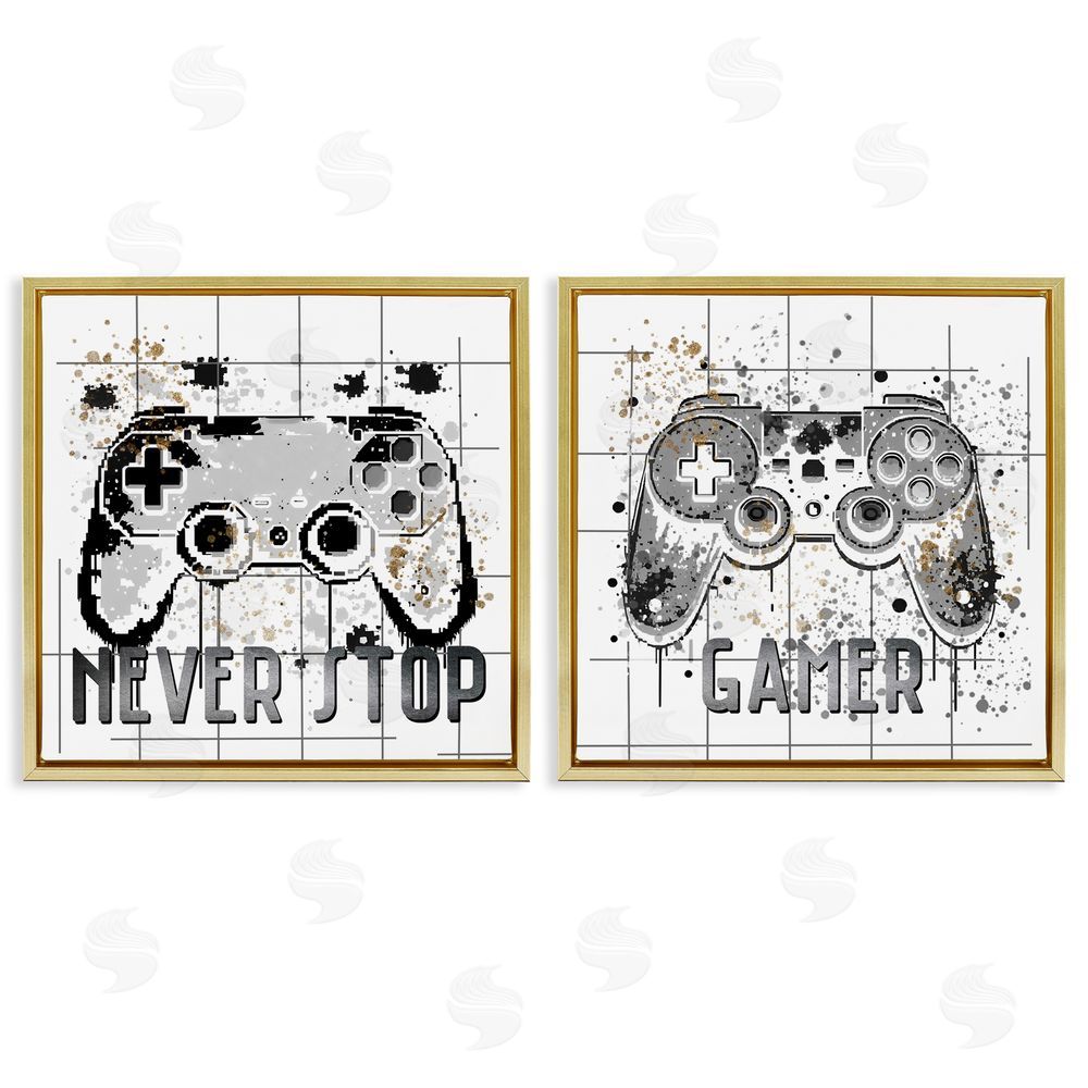 Kim Allen Gamer Words with Modern Pixels Gold Floating Frame Canvas Wall Art Print
