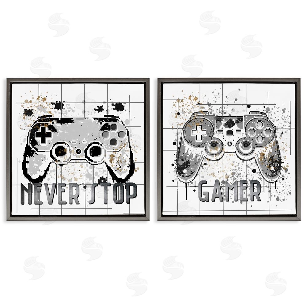 Kim Allen Gamer Words with Modern Pixels Gray Floating Frame Canvas Wall Art Print
