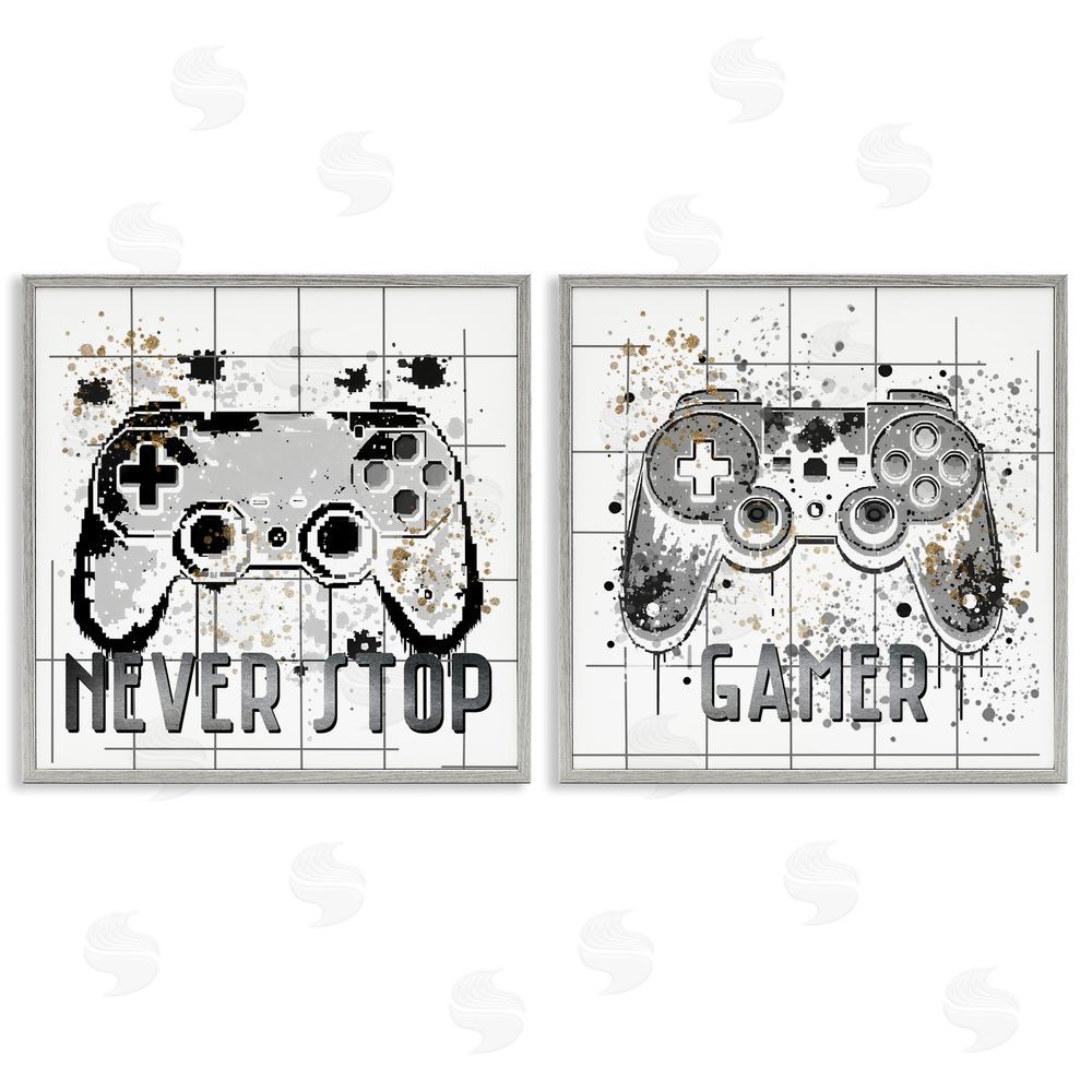 Kim Allen Gamer Words with Modern Pixels Gray Framed Giclee Wall Art Print