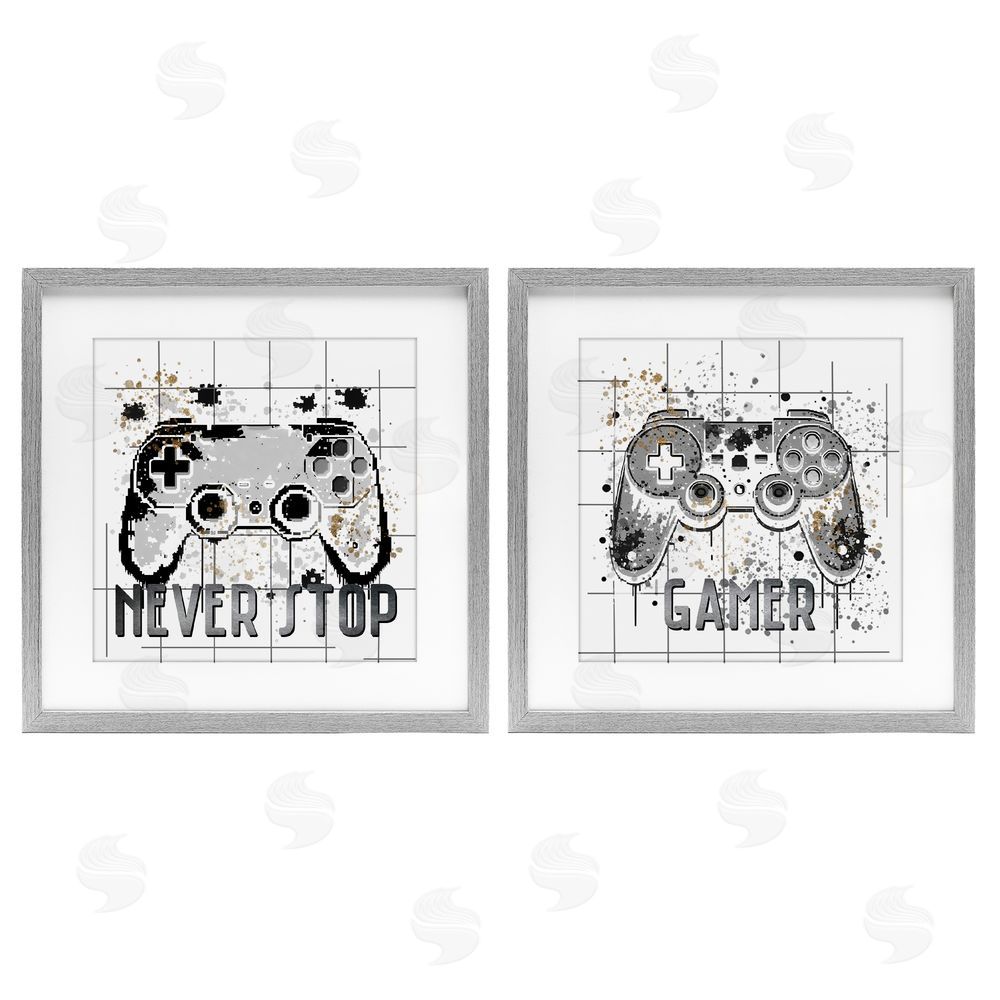 Kim Allen Gamer Words with Modern Pixels Gray Framed Print Under Glass with White Mat Wall Art