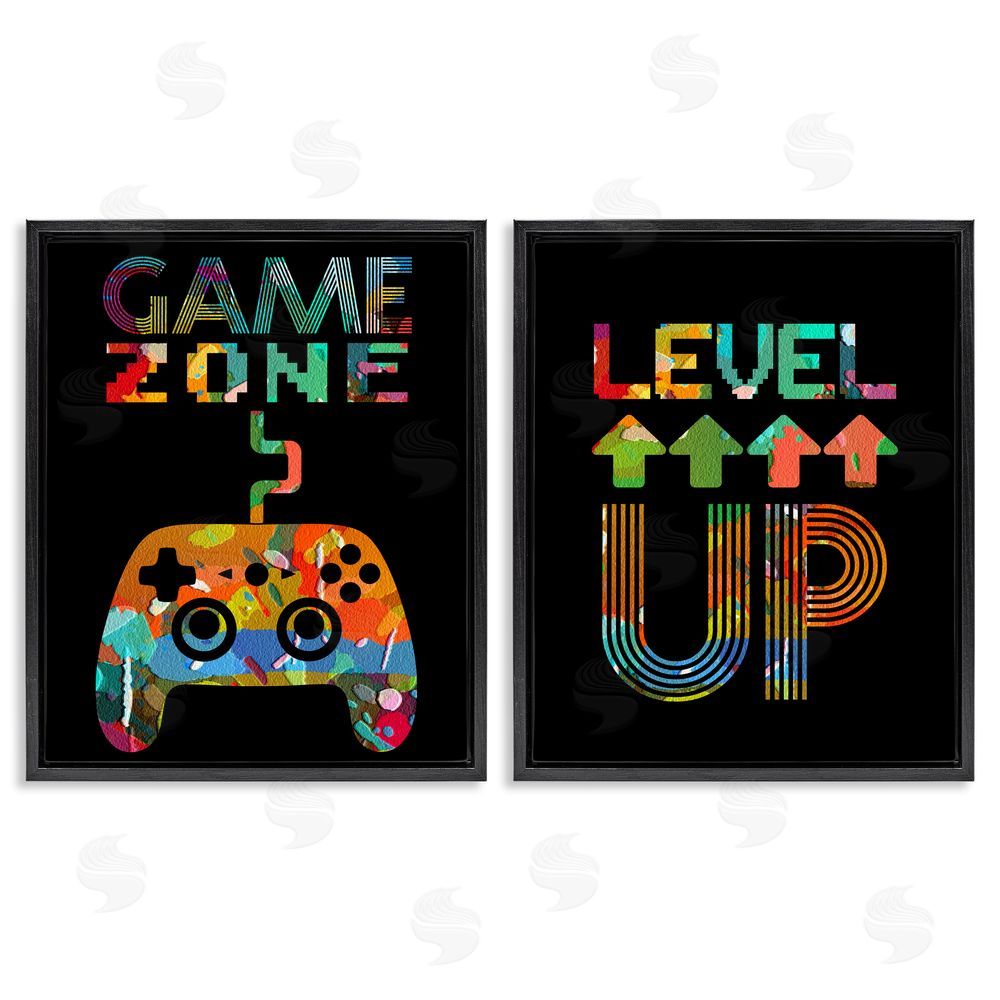 Marcus Prime Collaged Retro Gamer Phrases Black Floating Frame Canvas Wall Art Print