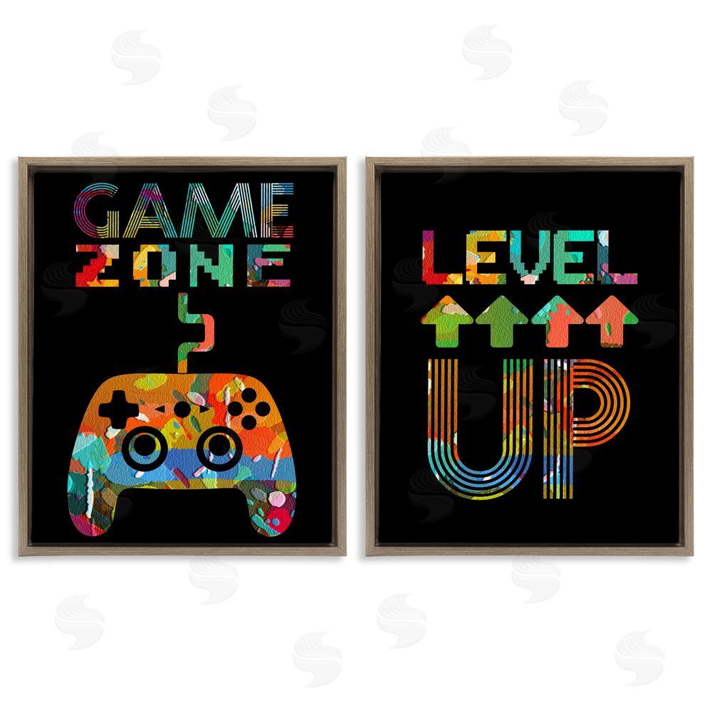 Marcus Prime Collaged Retro Gamer Phrases Brown Floating Frame Canvas Wall Art Print