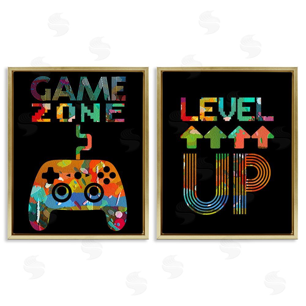 Marcus Prime Collaged Retro Gamer Phrases Gold Floating Frame Canvas Wall Art Print