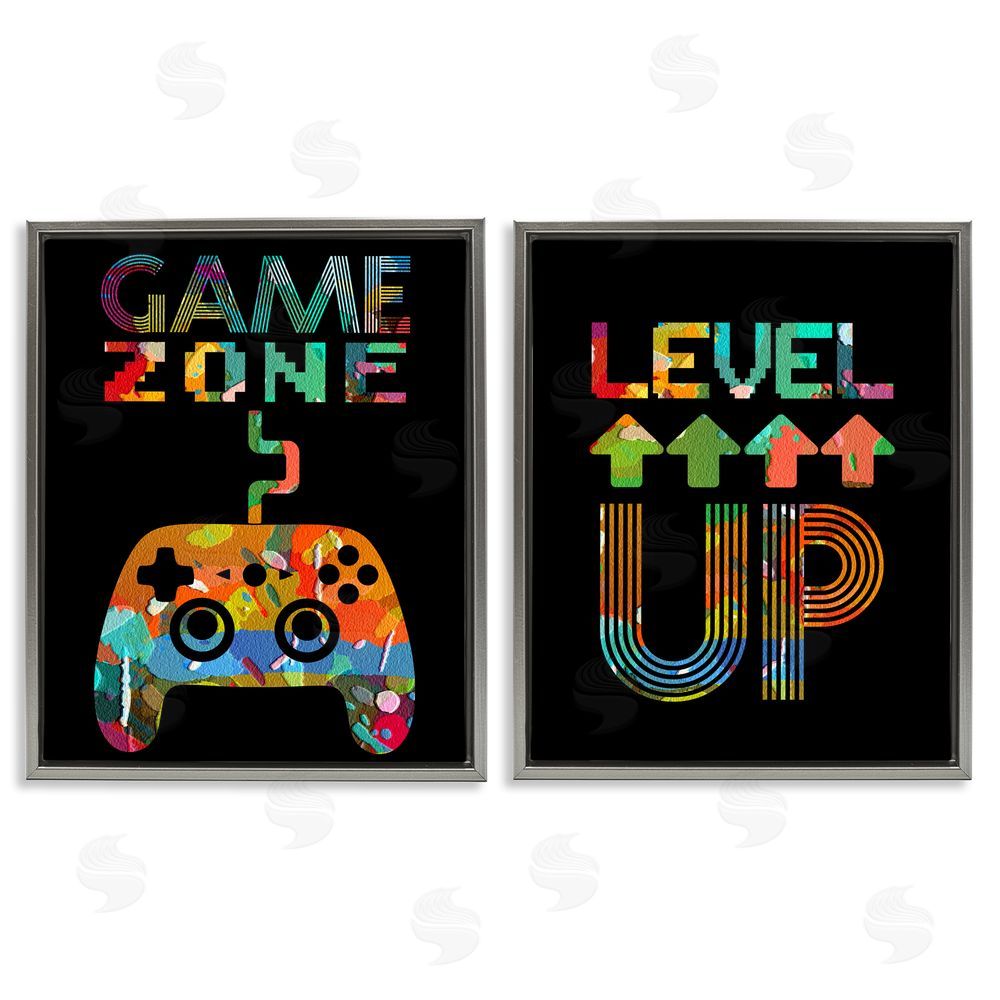 Marcus Prime Collaged Retro Gamer Phrases Gray Floating Frame Canvas Wall Art Print