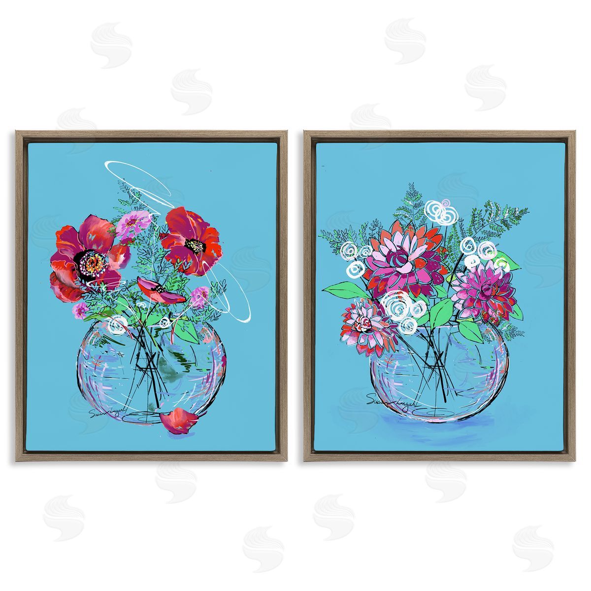 Susan Lugar Vivid Flower Vases on Blue Canvas Wall Art Print