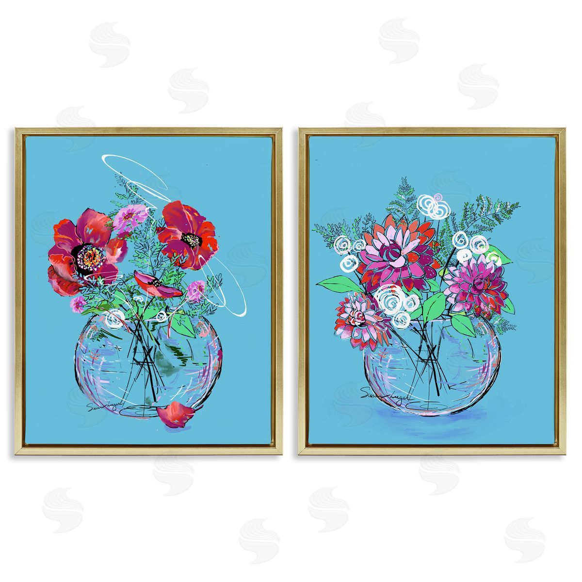 Susan Lugar Vivid Flower Vases on Blue Canvas Wall Art Print