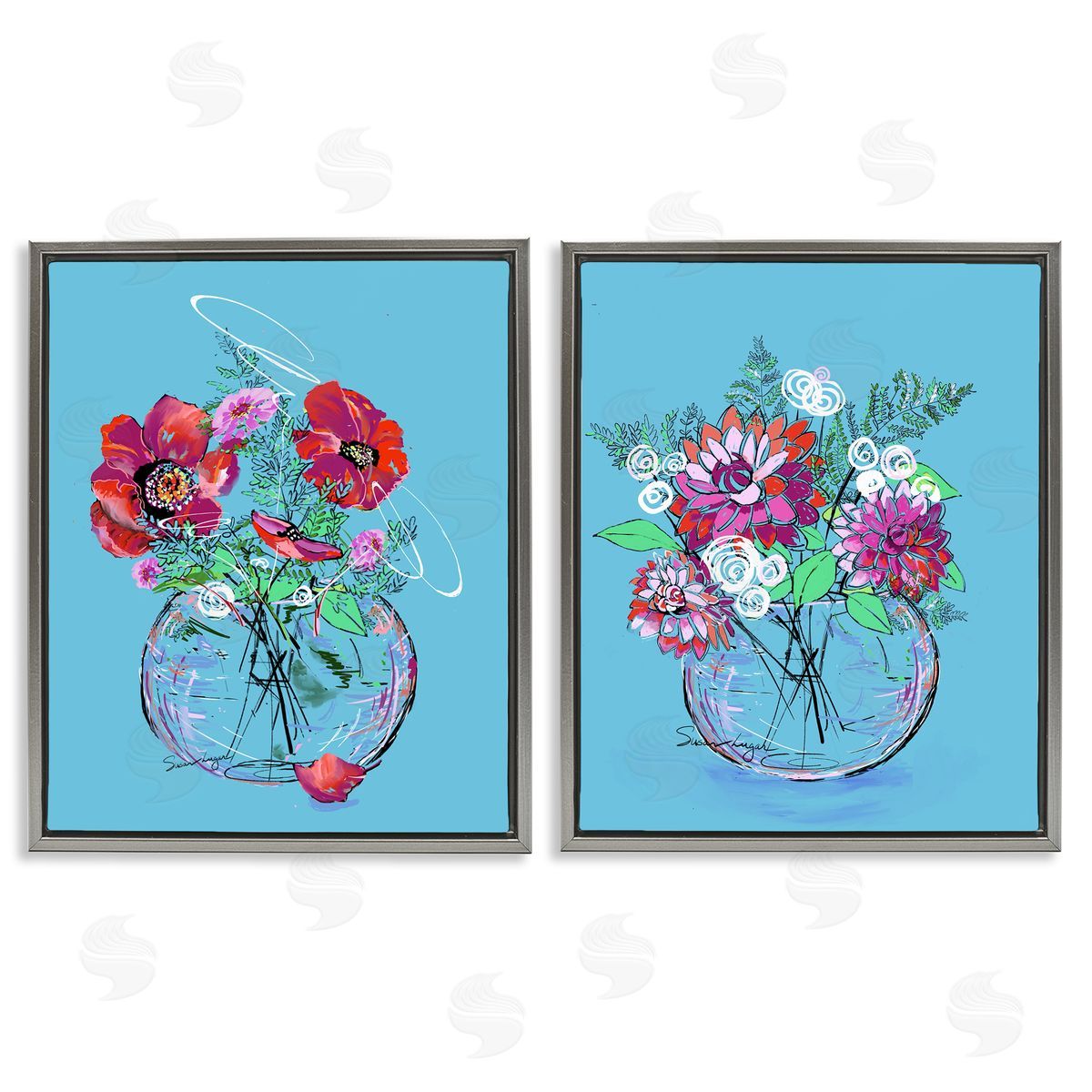 Susan Lugar Vivid Flower Vases on Blue Canvas Wall Art Print