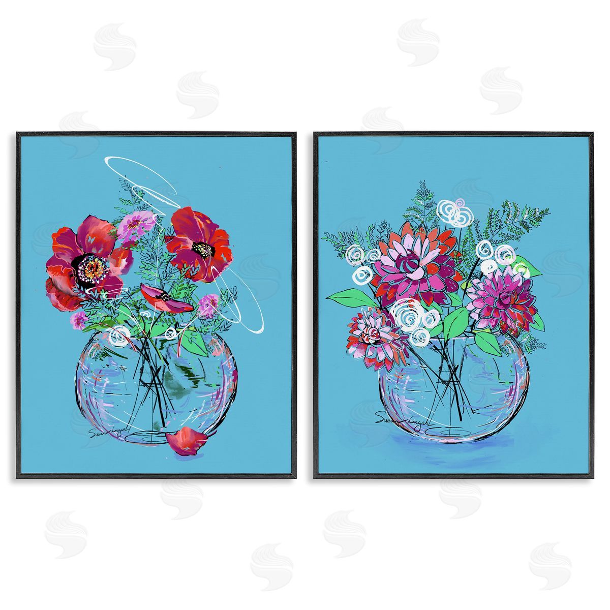 Susan Lugar Vivid Flower Vases on Blue Canvas Wall Art Print
