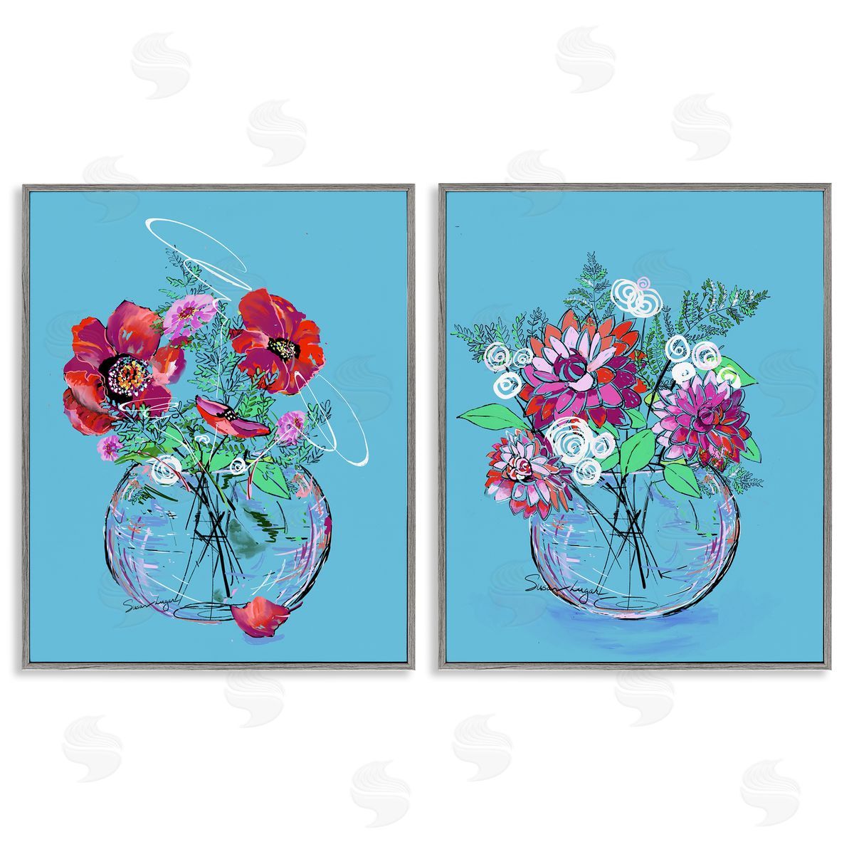 Susan Lugar Vivid Flower Vases on Blue Canvas Wall Art Print