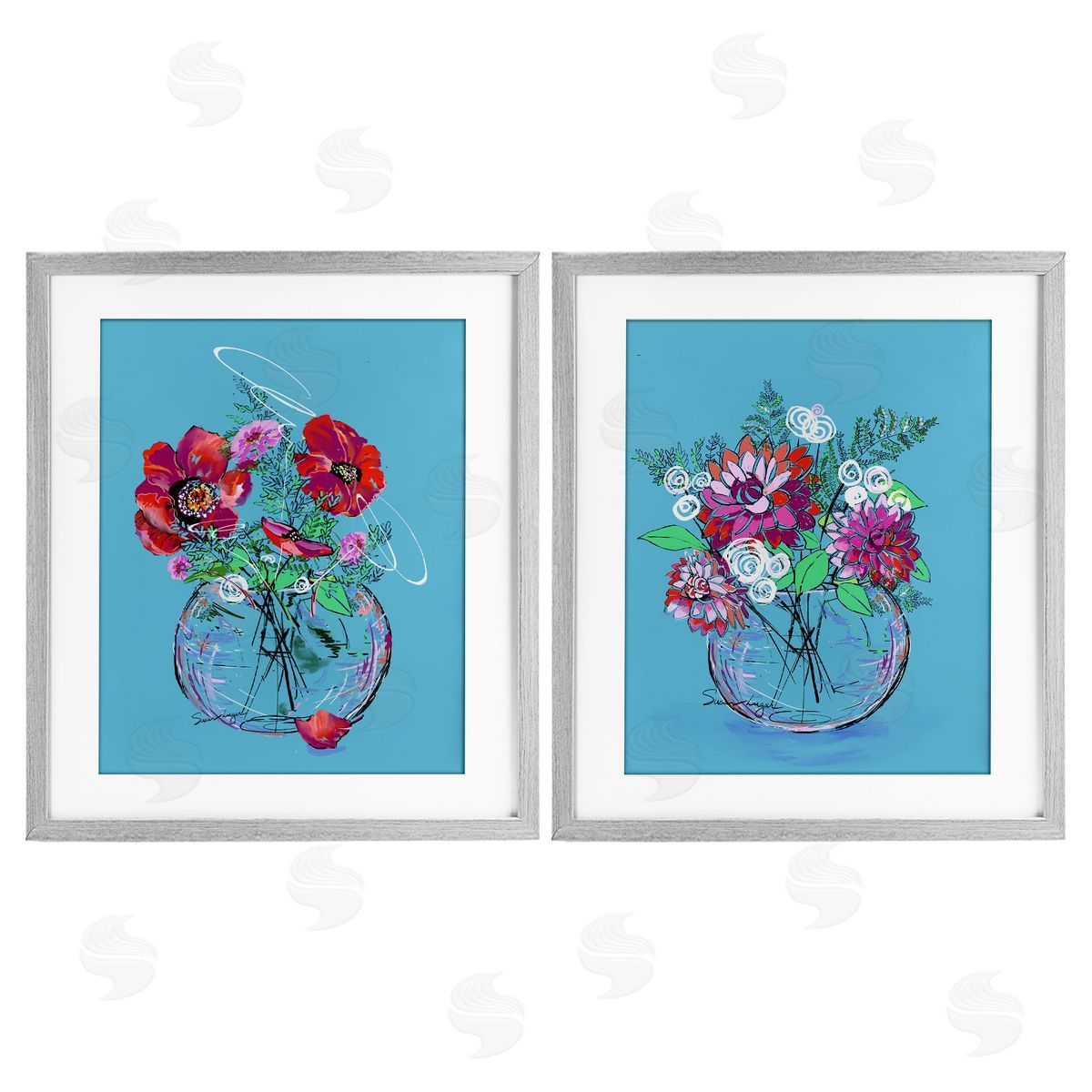 Susan Lugar Vivid Flower Vases on Blue Canvas Wall Art Print