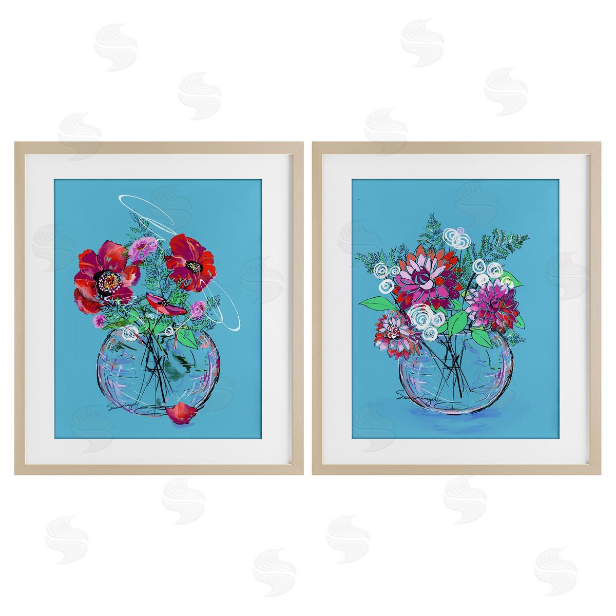 Susan Lugar Vivid Flower Vases on Blue Canvas Wall Art Print
