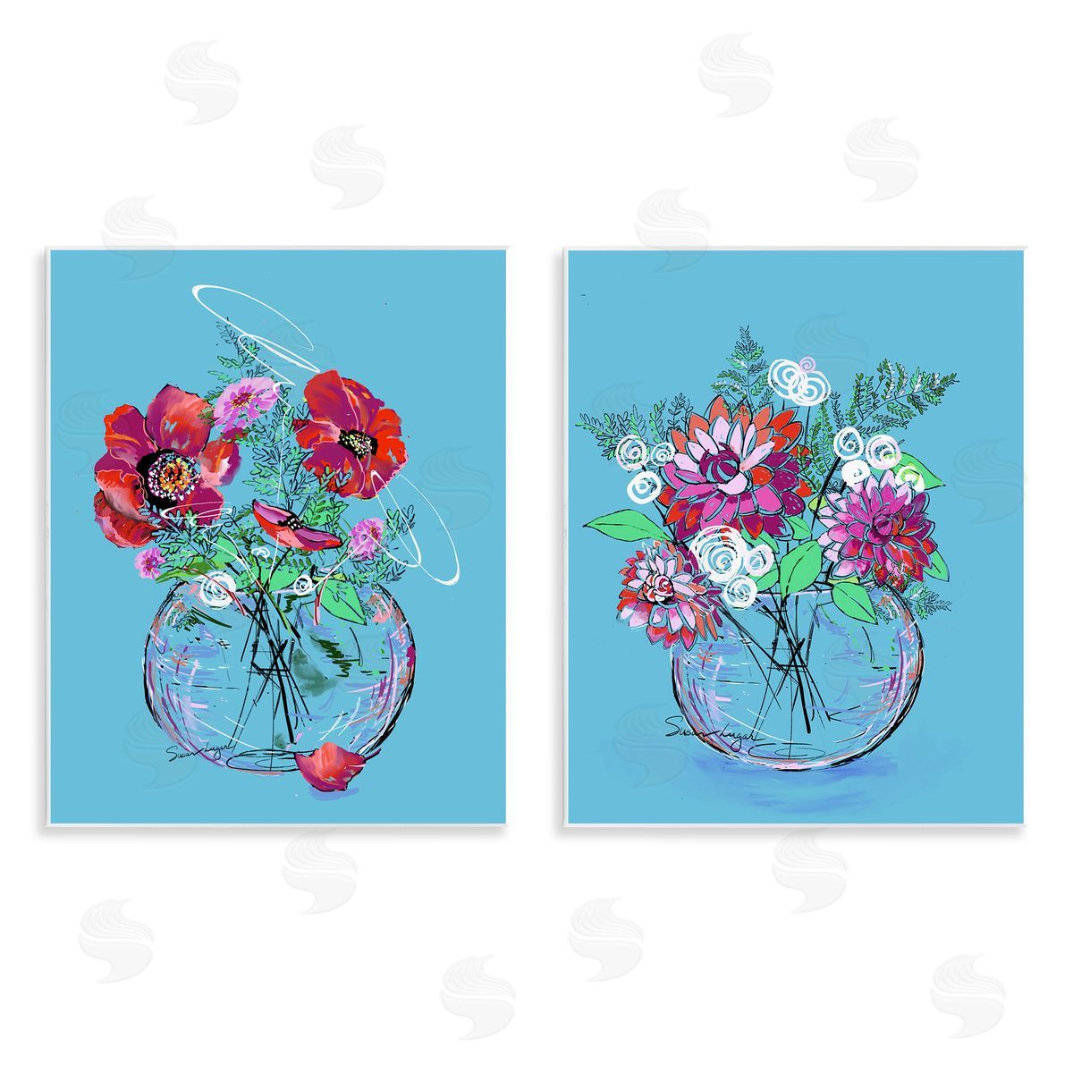 Susan Lugar Vivid Flower Vases on Blue Canvas Wall Art Print