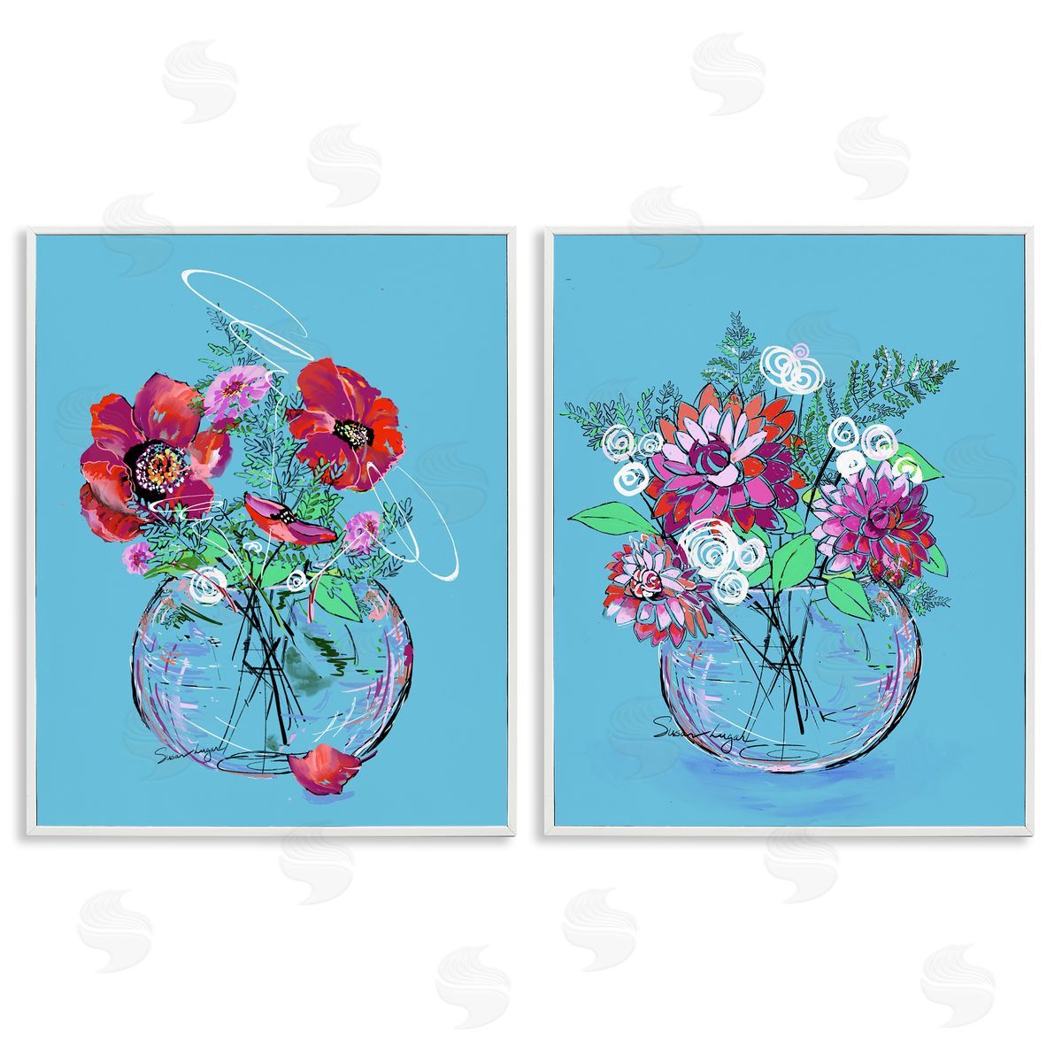 Susan Lugar Vivid Flower Vases on Blue Canvas Wall Art Print