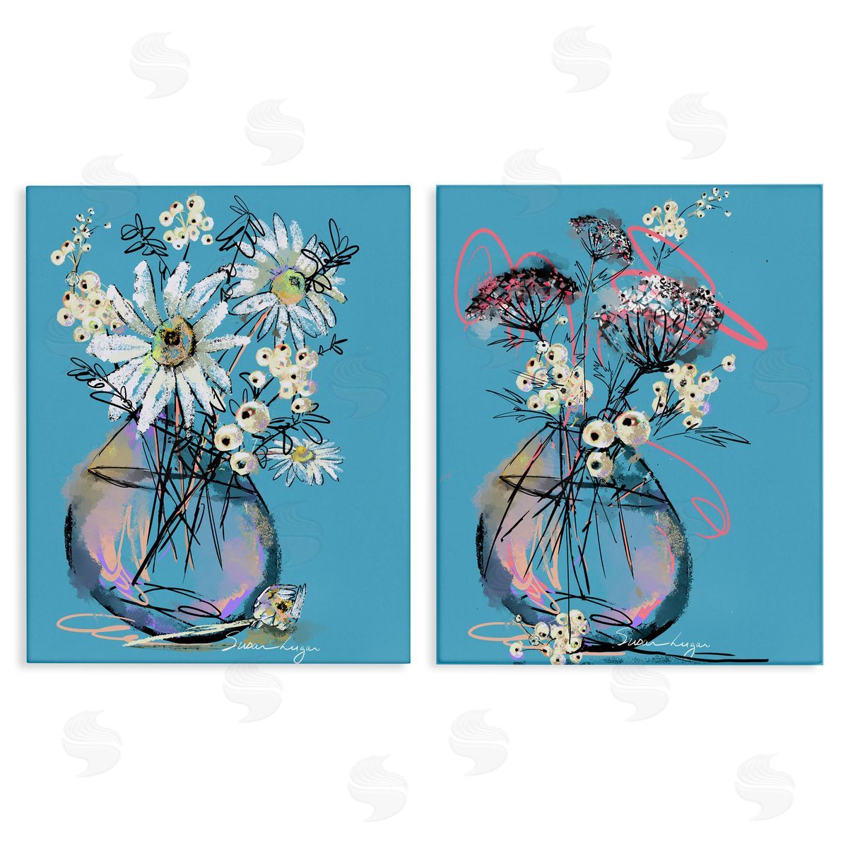 Susan Lugar Daisies & Snowberries Vase Canvas Wall Art Print