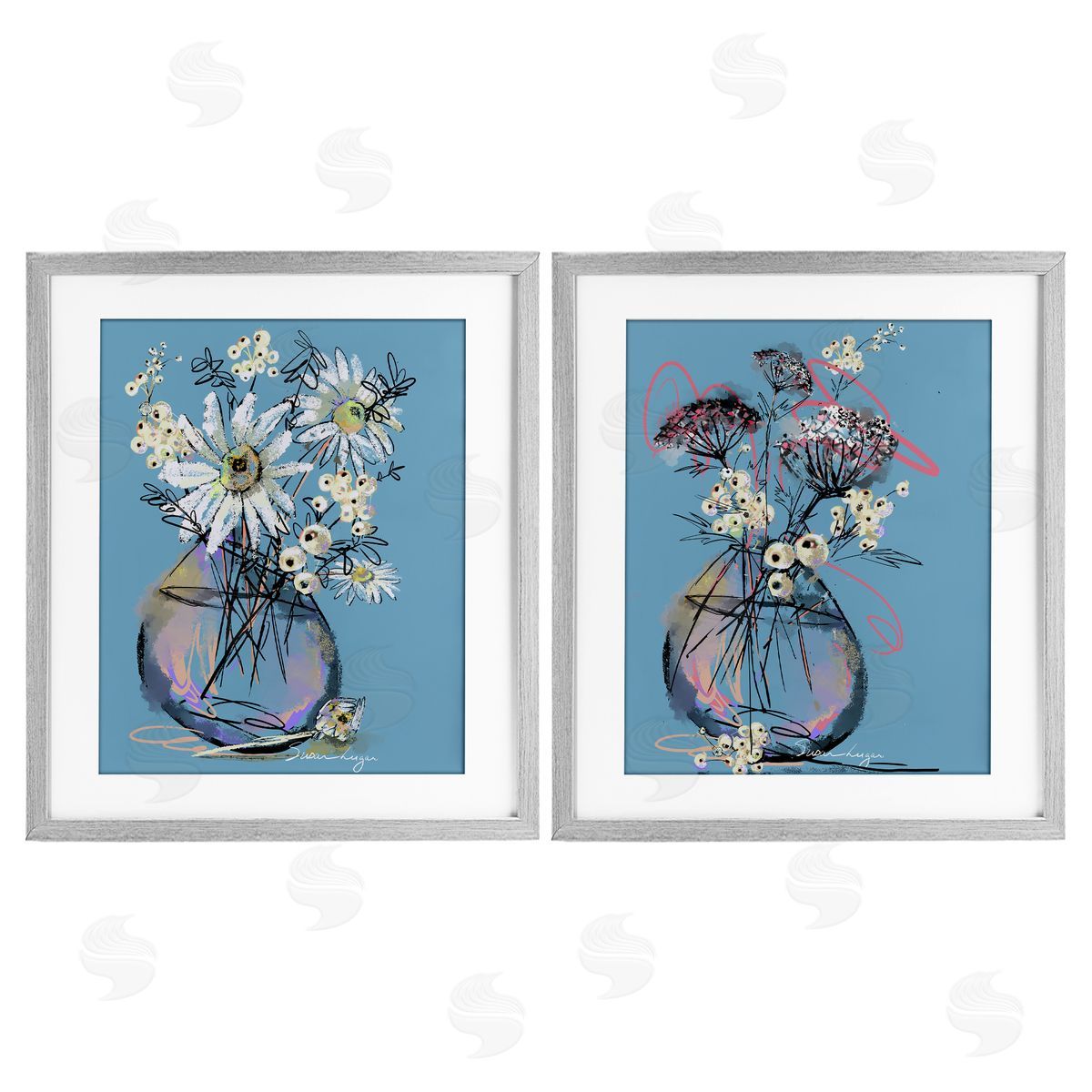 Susan Lugar Daisies & Snowberries Vase Canvas Wall Art Print