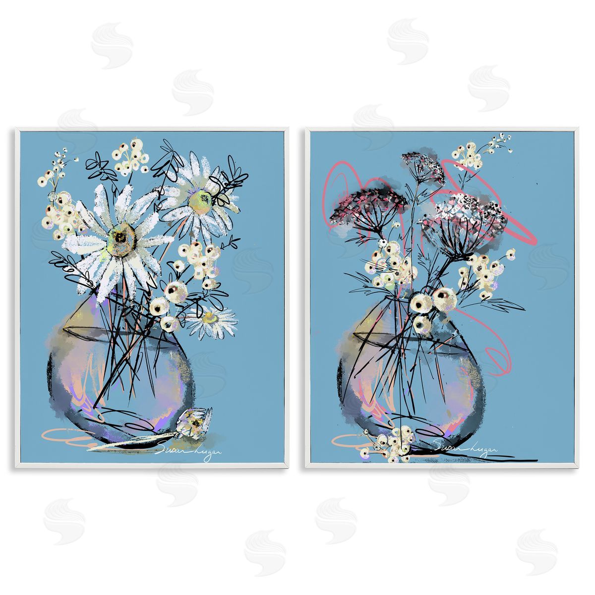 Susan Lugar Daisies & Snowberries Vase Canvas Wall Art Print