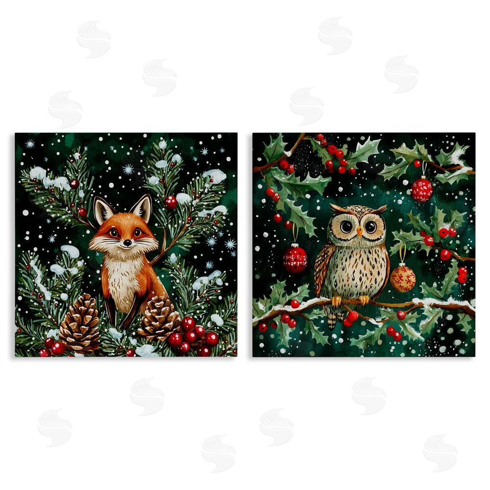Yen Winter Snowfall Fox & Owl Canvas Wall Art Set