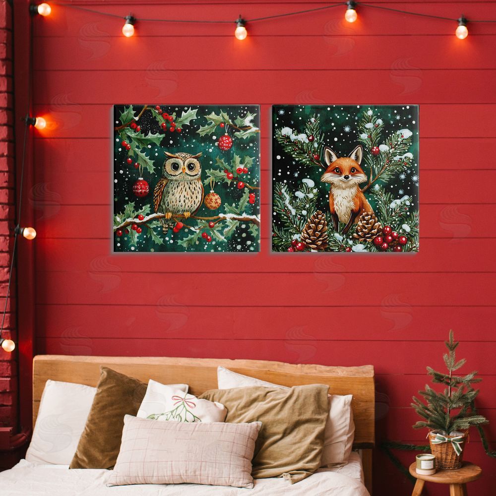 Yen Winter Snowfall Fox & Owl Printed Wall Art Set in Room