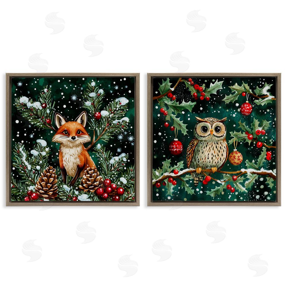 Yen Winter Snowfall Fox & Owl Brown Floating Frame Canvas Art Set