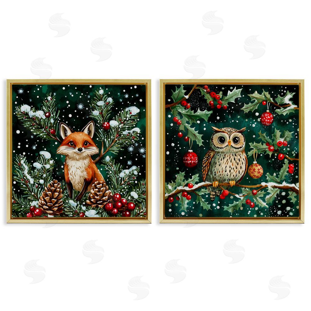 Yen Winter Snowfall Fox & Owl Gold Floating Frame Canvas Art Set