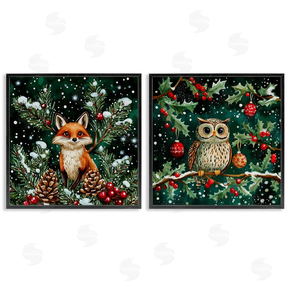 Yen Winter Snowfall Fox & Owl Black Framed Giclee Art Set