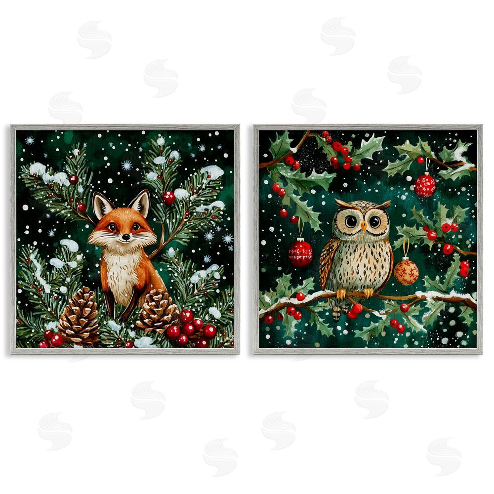 Yen Winter Snowfall Fox & Owl Gray Framed Giclee Art Set