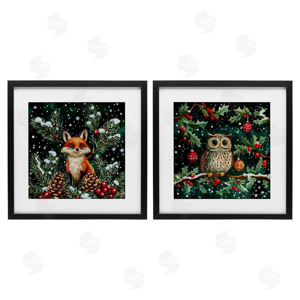 Yen Winter Snowfall Fox & Owl Black Framed Print Under Glass Set